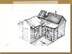Pencil and paper concept art for a river shack in Red Dead Redemption. Approved by Darin Bader.